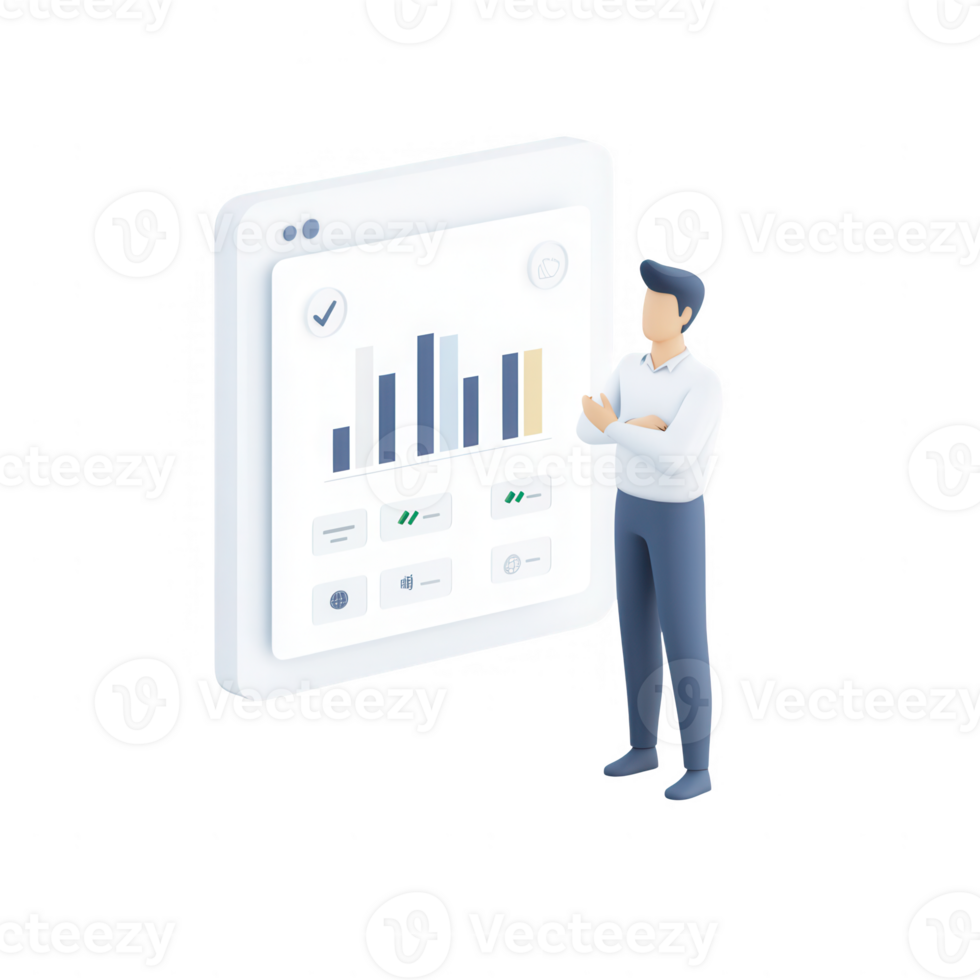 A professional analyzing data through a digital dashboard with bar graphs. png