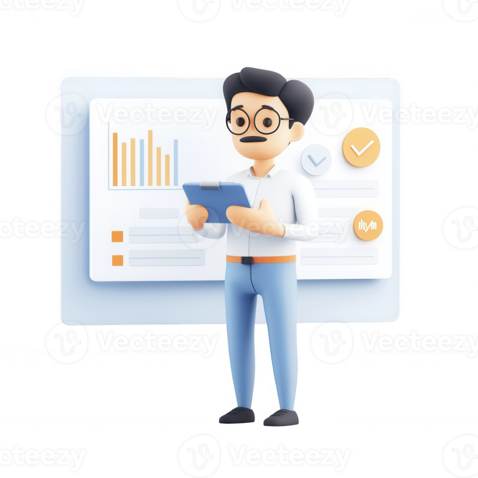 A professional character analyzing data with charts and graphs in a modern setting. png