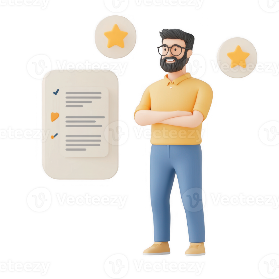 A professional man evaluating a checklist with stars indicating quality assessment. png