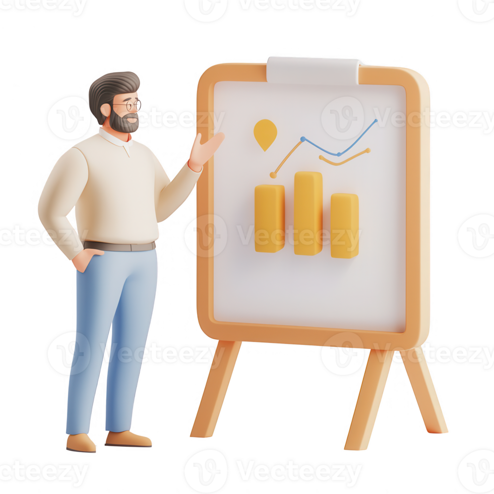 A professional man presenting a graph on a flip chart in a modern office. png