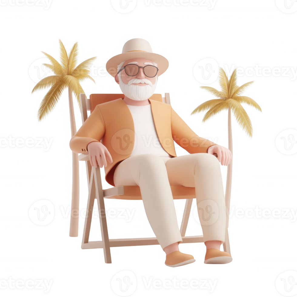 A relaxed elderly man enjoying a sunny day on a beach chair surrounded by palm trees. png
