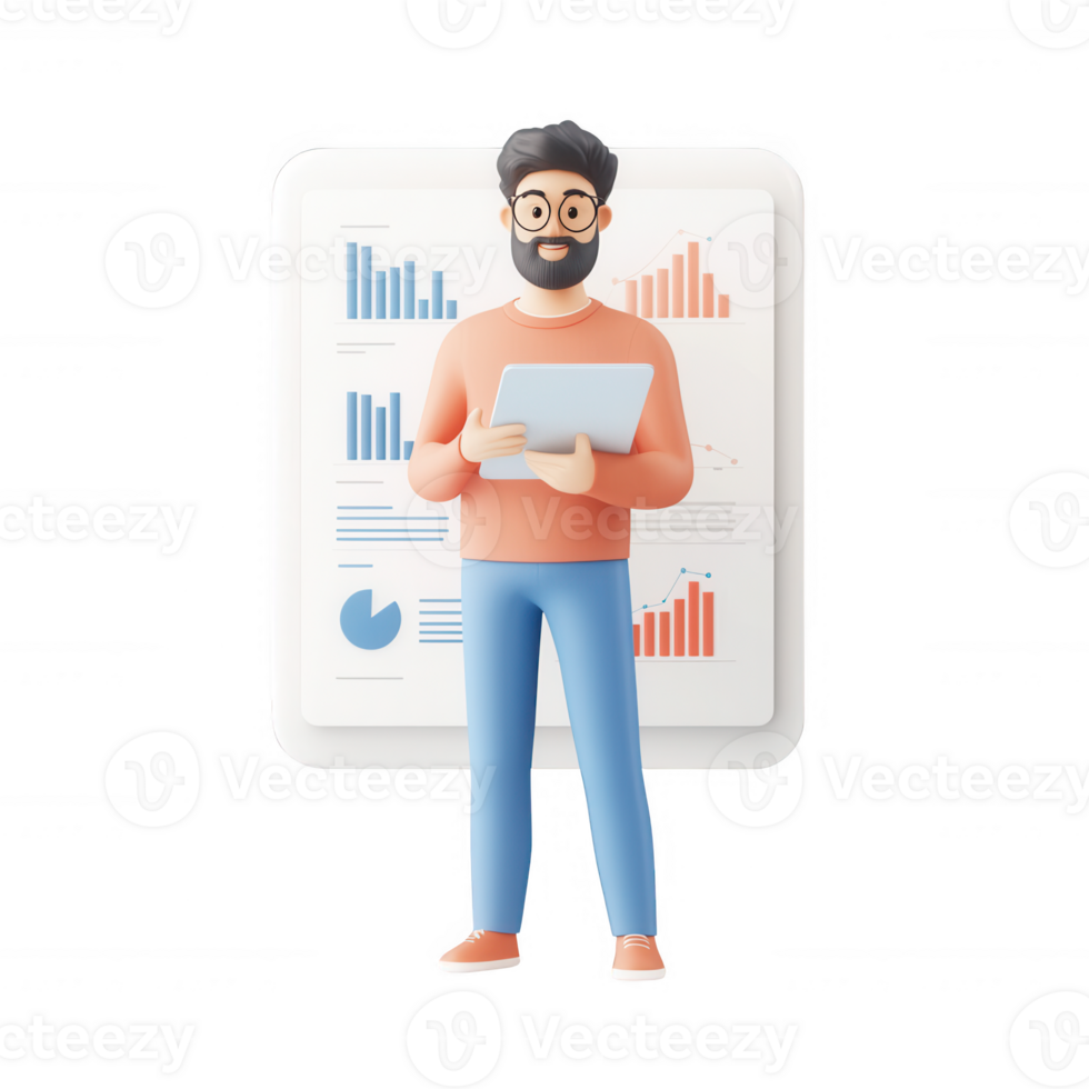 A professional man analyzing data with charts and graphs on digital devices. png