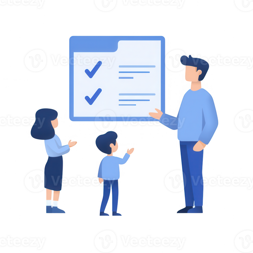 A teacher explaining tasks to children using a checklist for effective learning. png