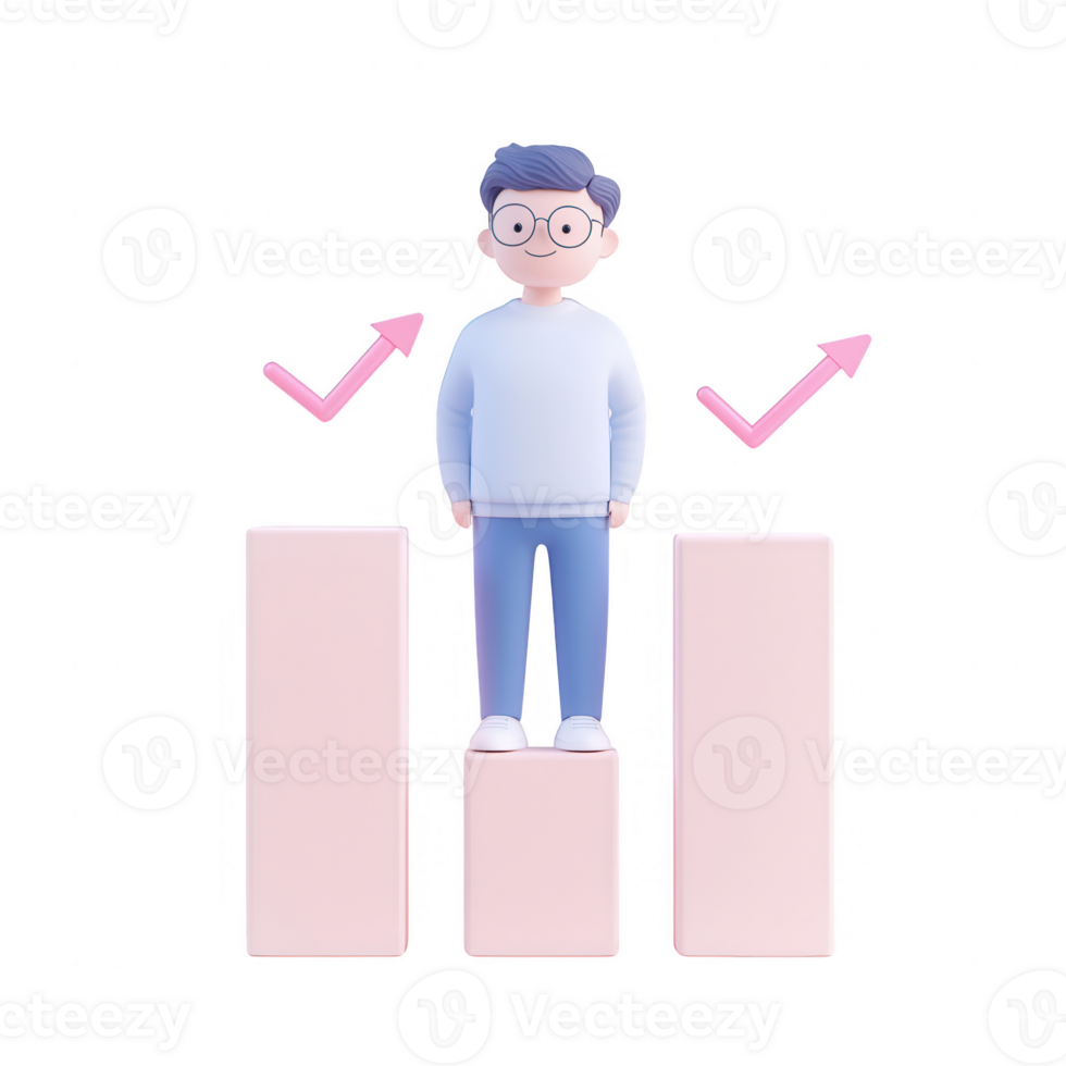 A young man standing on bar graphs, symbolizing growth and success in business. png