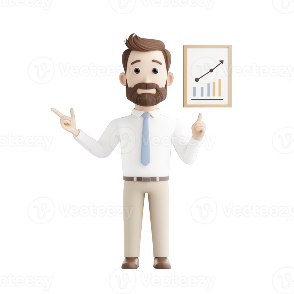 Professional animated character presenting a growth chart with confidence. png