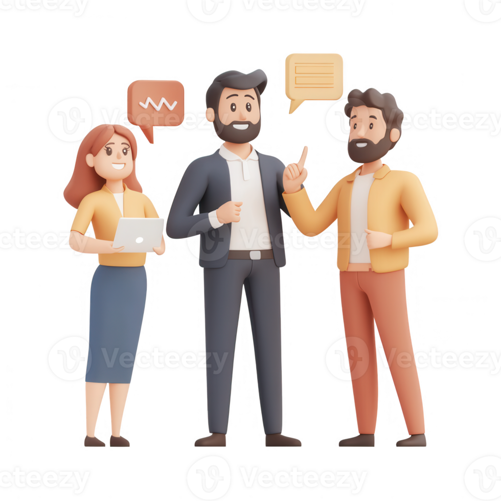Illustration of professionals discussing ideas in a modern office environment. png