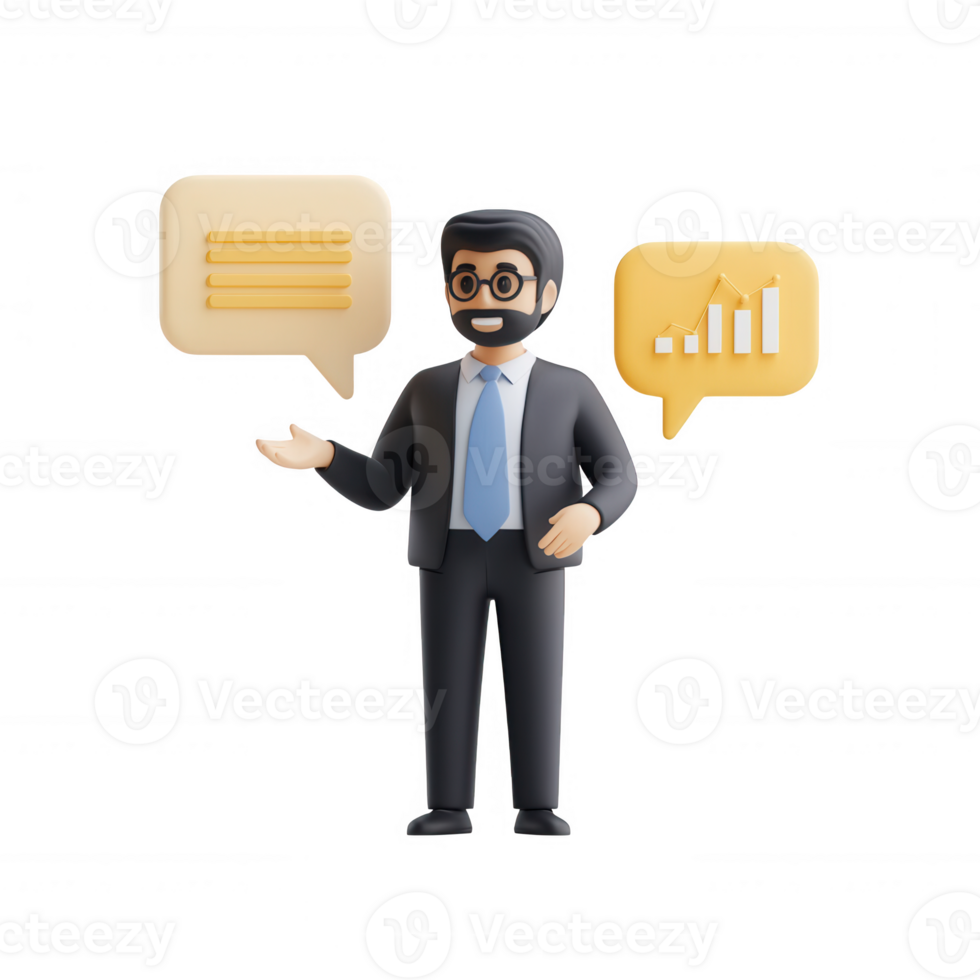 Professional man presenting business analytics with speech bubbles. png
