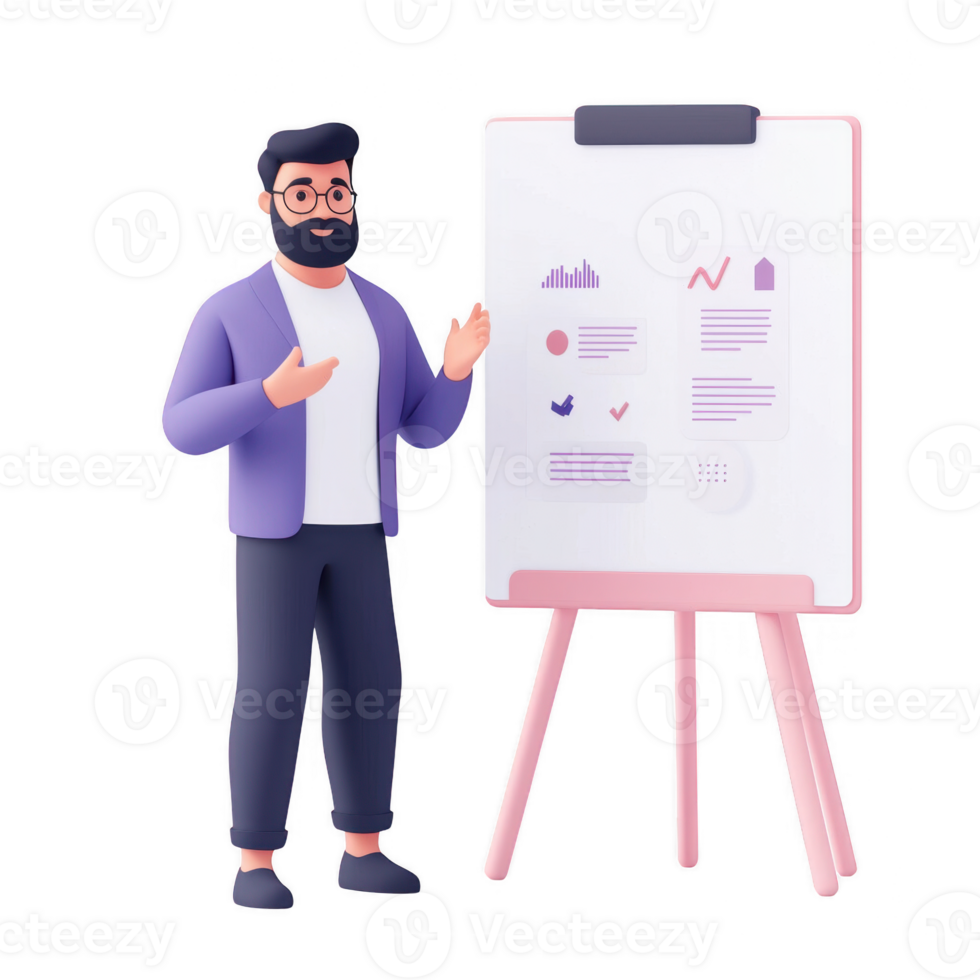 Professional man presenting data on a flip chart in a modern office setting. png