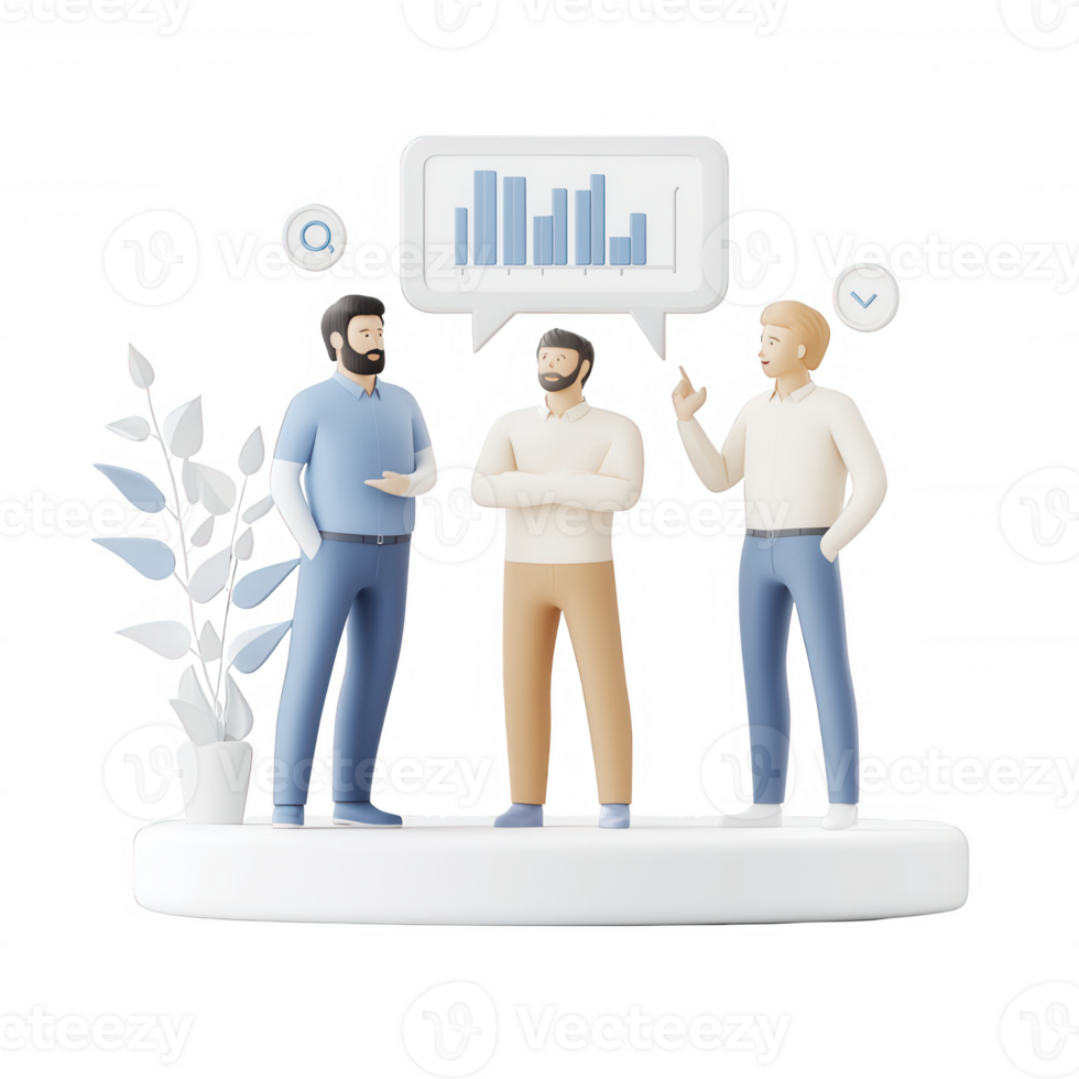 Three men discussing data analytics and strategy with charts in a modern office setting. png