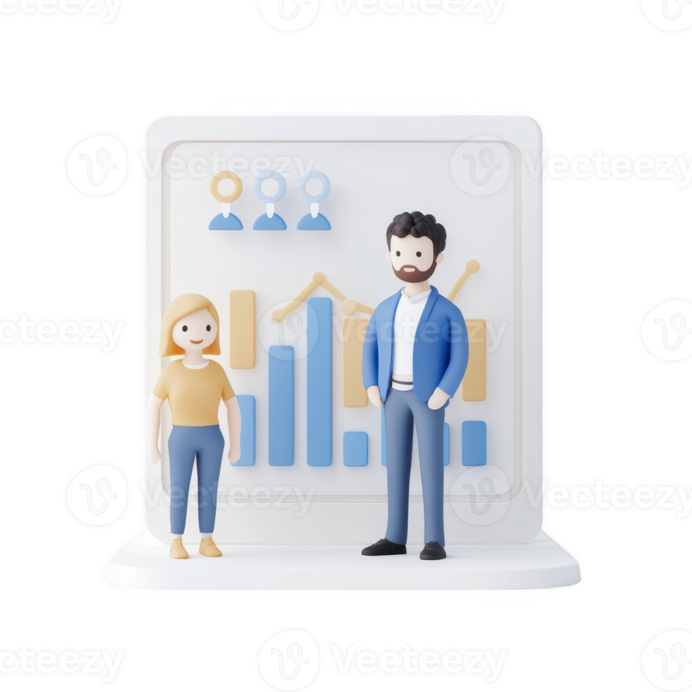 Two animated characters discussing data and charts in a professional setting. png