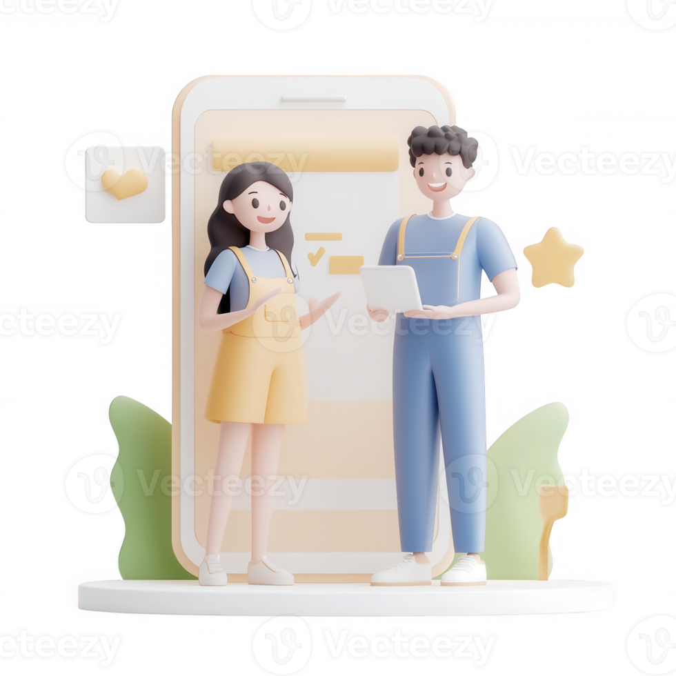 Two animated characters interacting with a smartphone in a cheerful setting. png