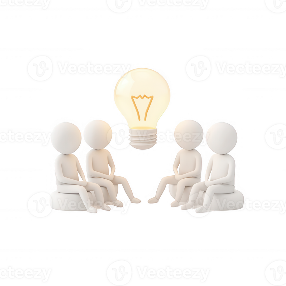 Team collaboration and brainstorming represented by three figures around a light bulb. png