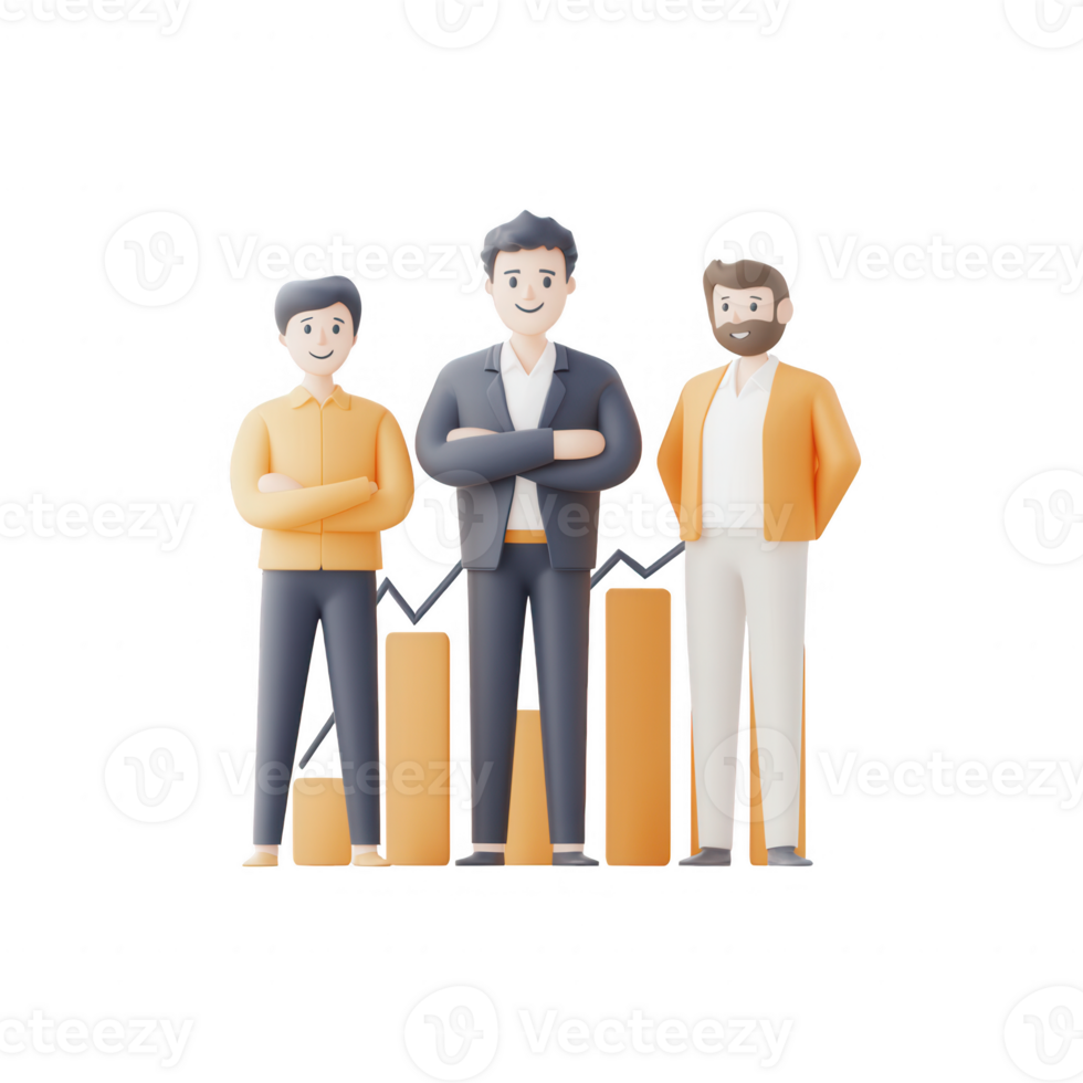 Three business men standing confidently beside growth charts and statistics. png
