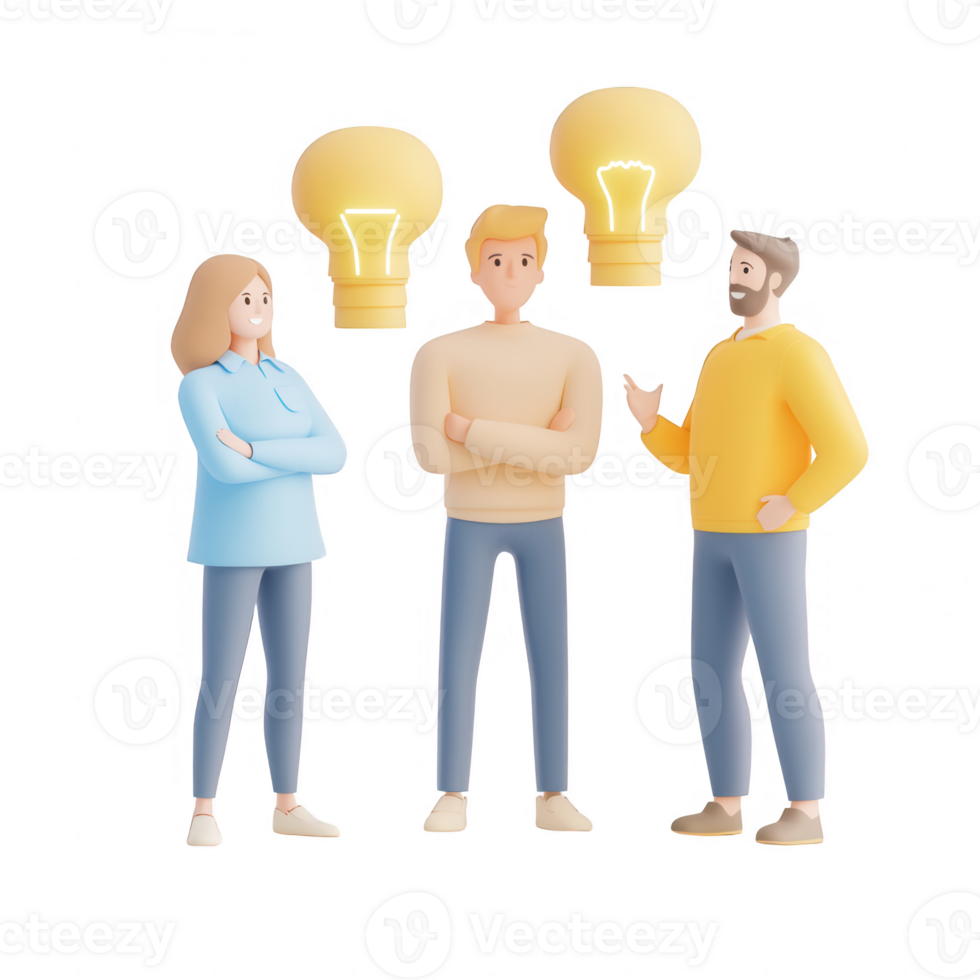 Three diverse individuals discussing new ideas with light bulbs above their heads. png