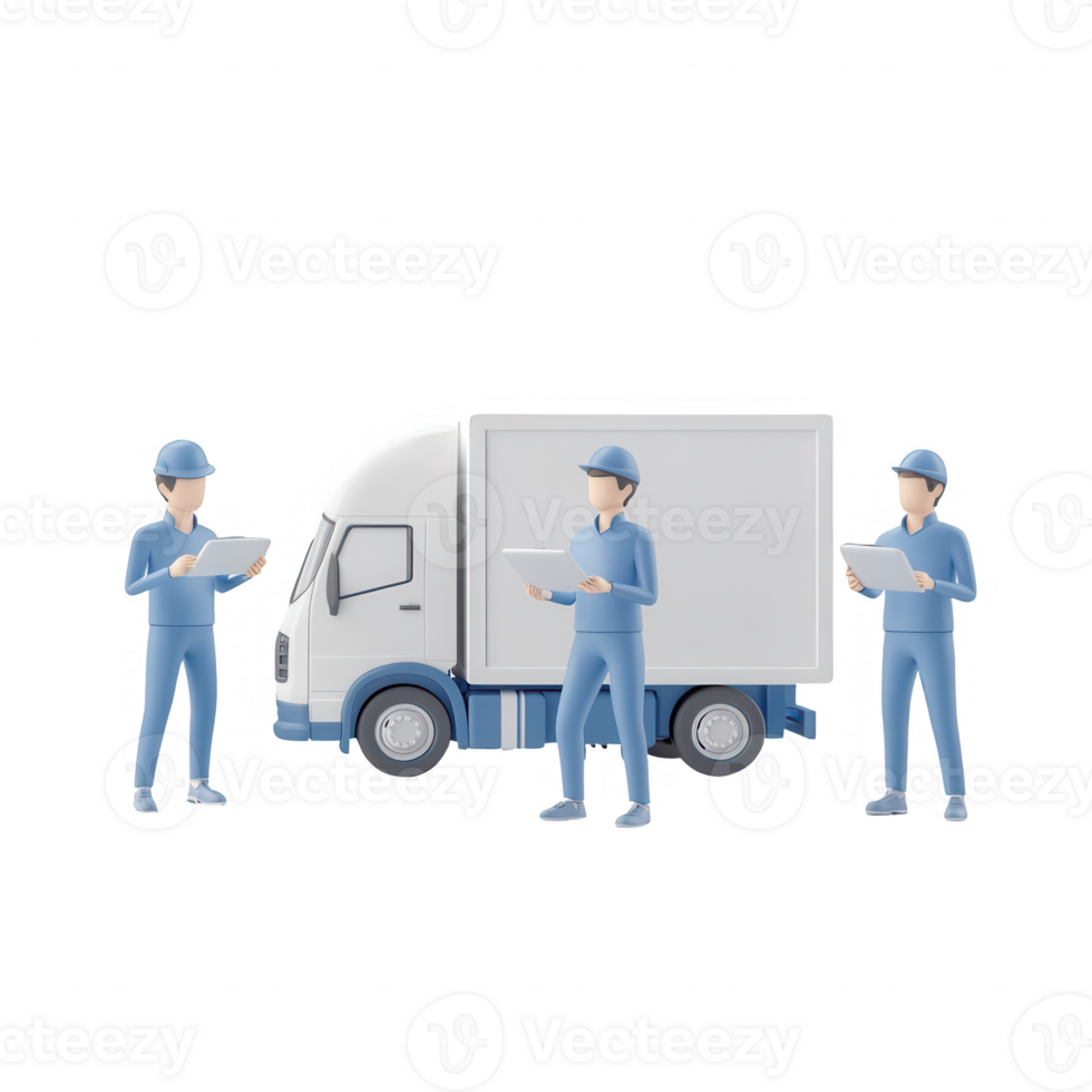Team of delivery workers inspecting a truck, showcasing logistics and teamwork. png