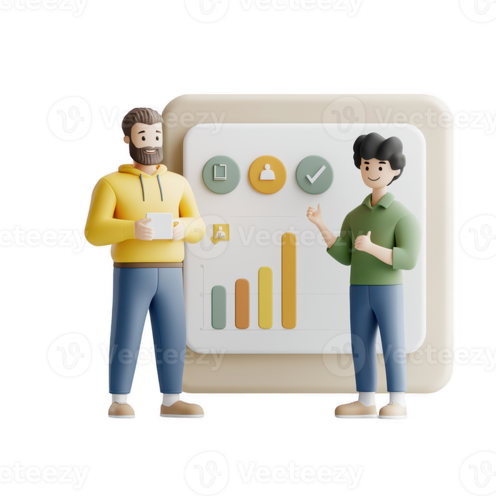 Two characters discussing business analytics and growth charts in a modern office. png