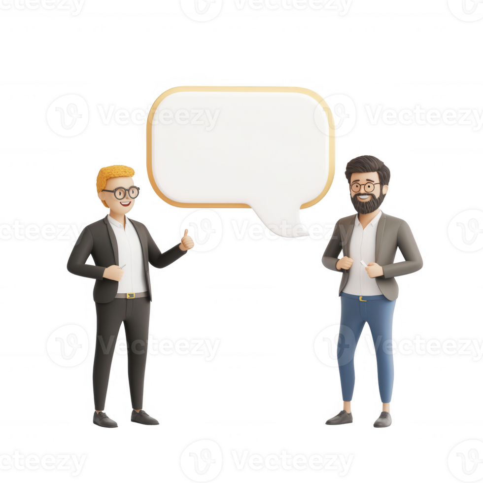 Two men exchanging ideas in a professional setting with a speech bubble. png