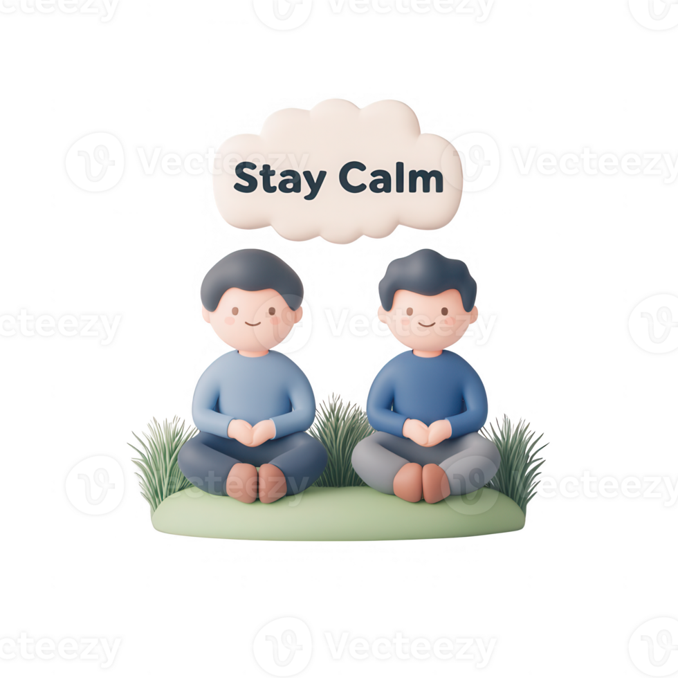 Two cartoon figures meditating together with a 'Stay Calm' message above them. png