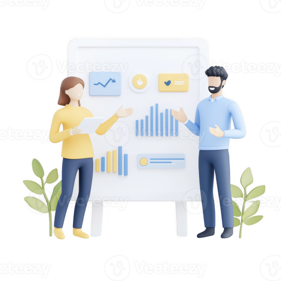 Two professionals discussing data insights and trends visually represented on a board. png