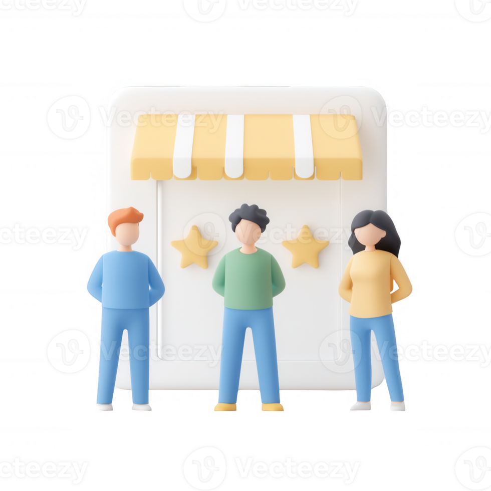 Three diverse figures standing in front of a shop with a striped awning and stars. png