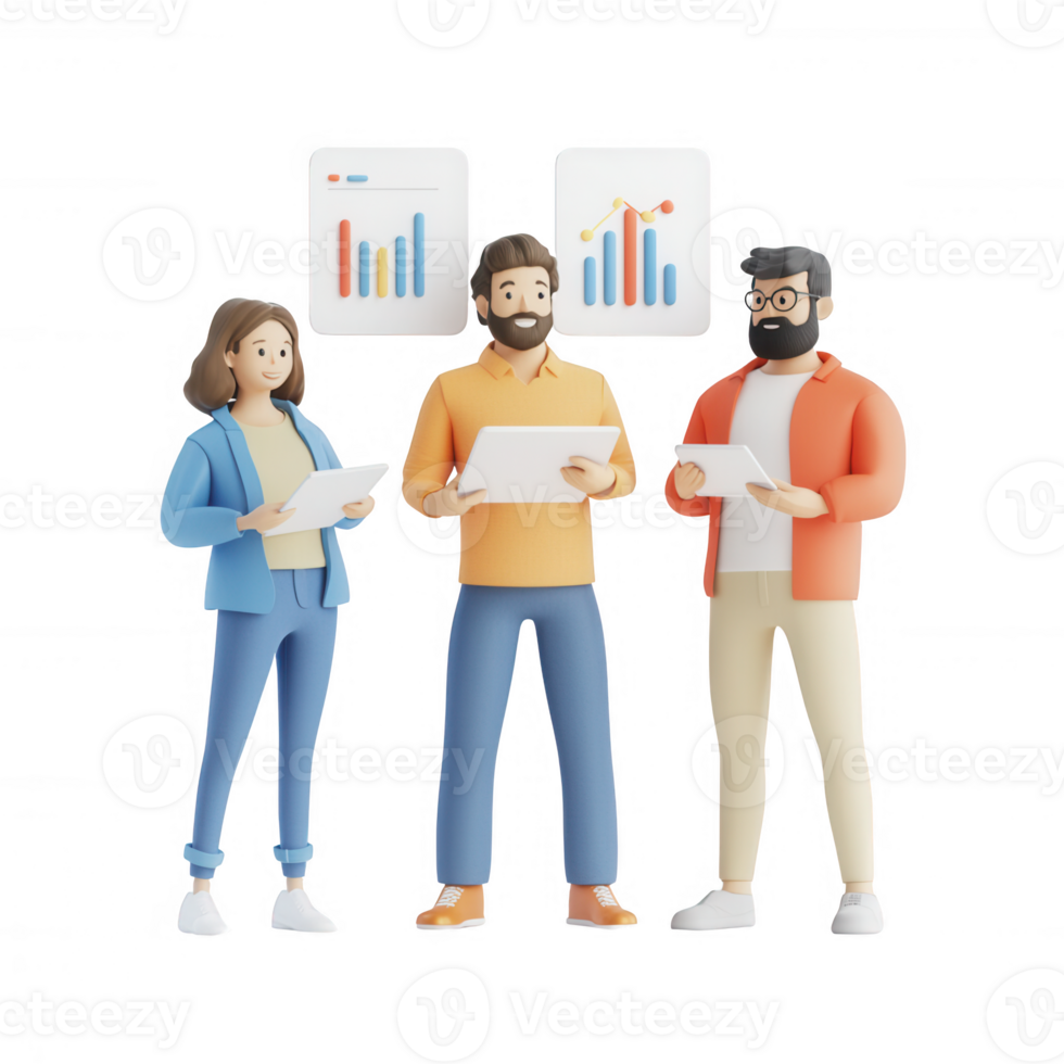 Three professionals discussing data insights with charts and reports in hand. png