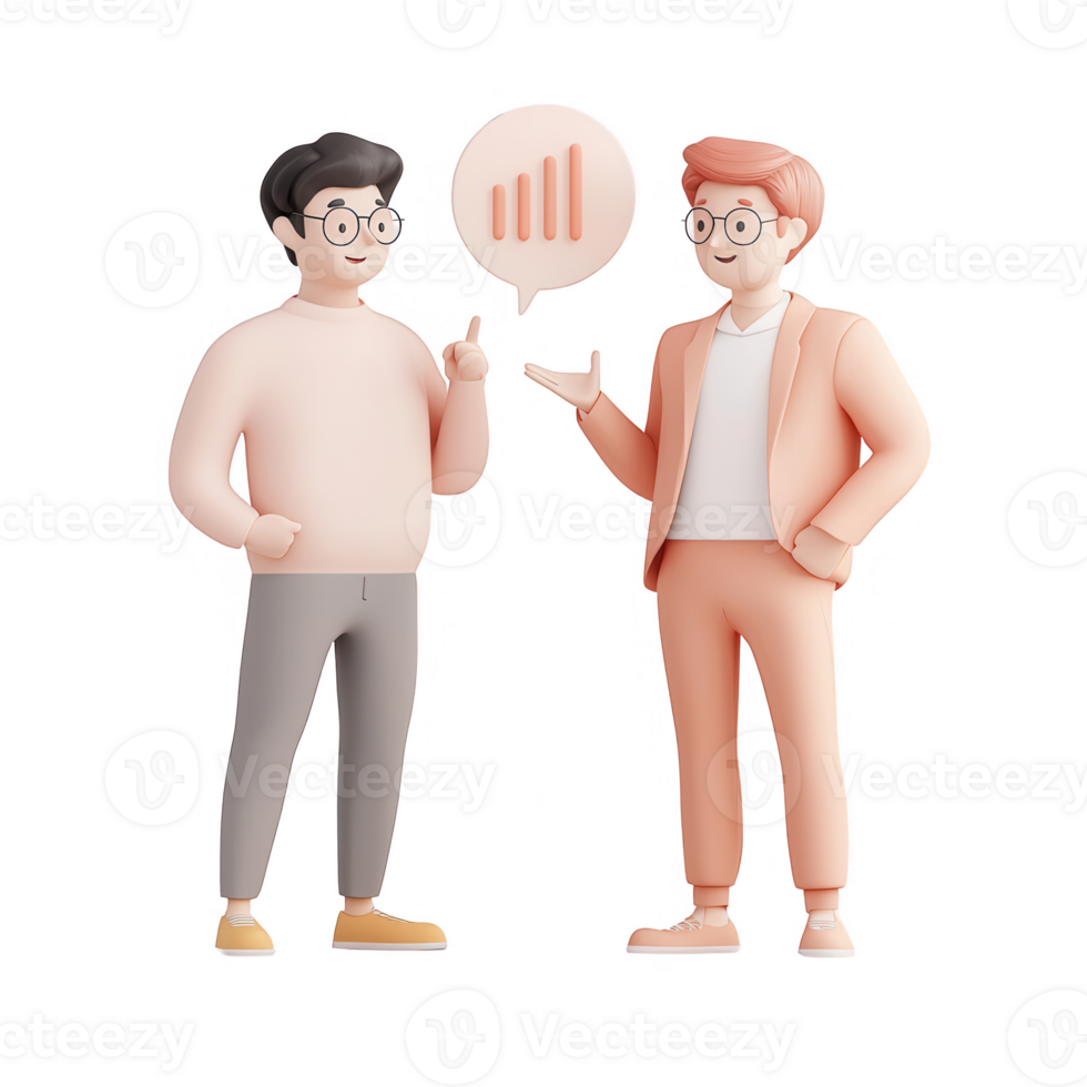 Two animated characters discussing data in a professional setting. png