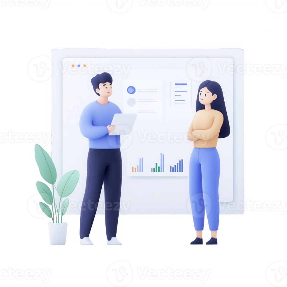 Two professionals discussing data insights and strategies in a modern office. png