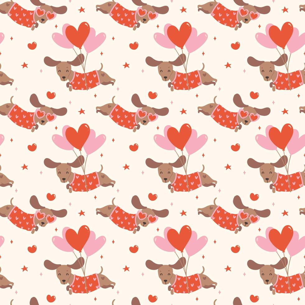 Cute Valentine Dachshund with Heart Balloons Pattern Seamless Groovy sausage dog Wallpaper isolated on background vector