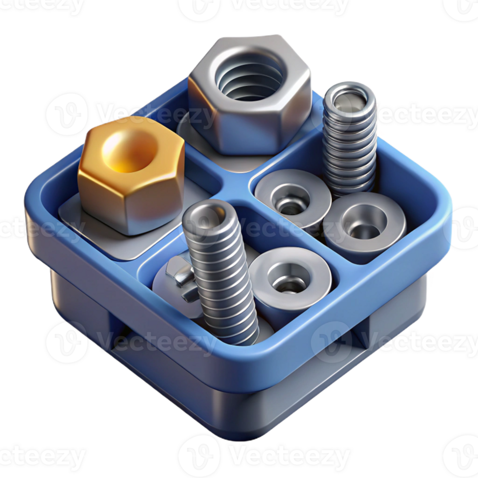 3D Render of Metal Fasteners in a Tray png