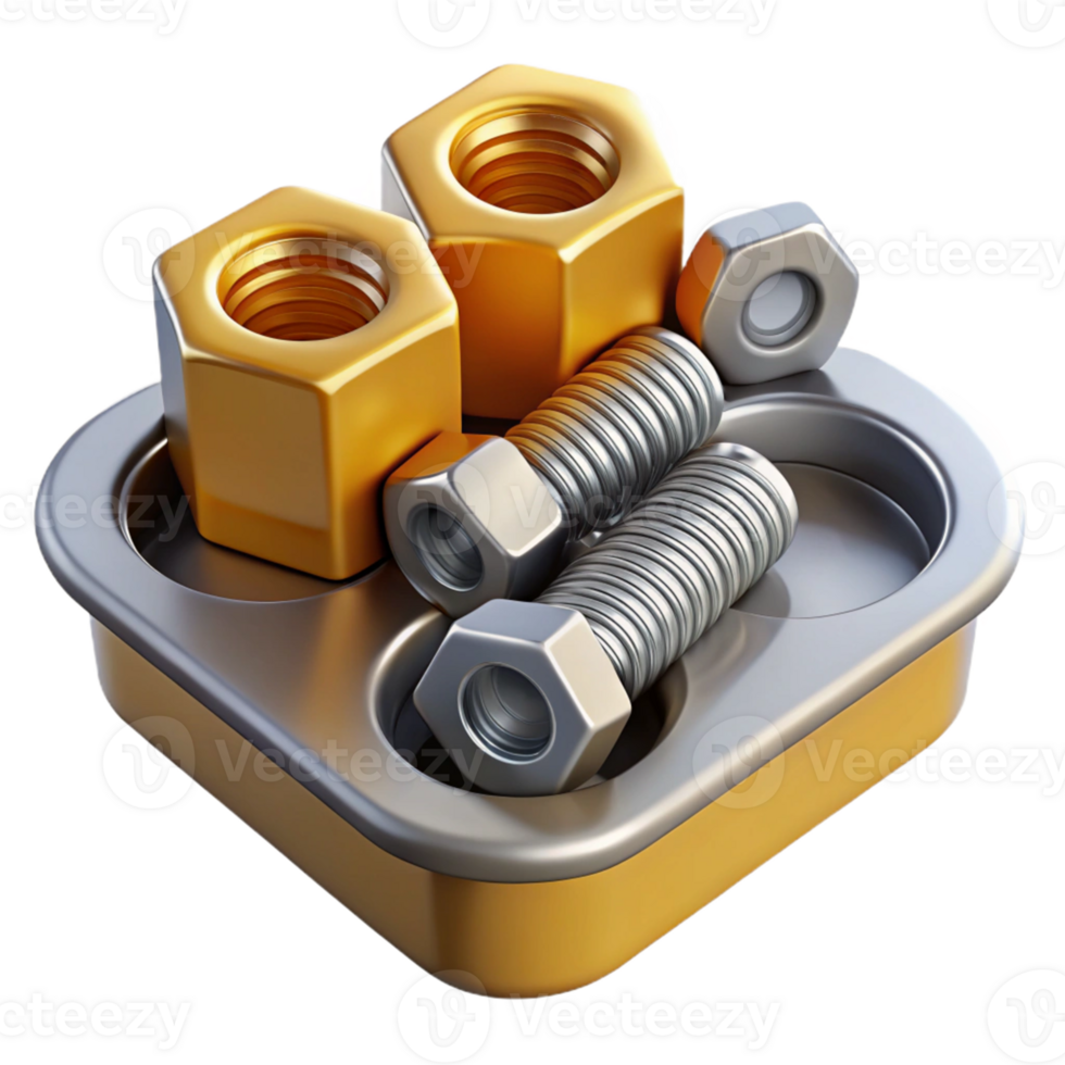 3D Render Golden and Silver Nuts Bolts in Tray png