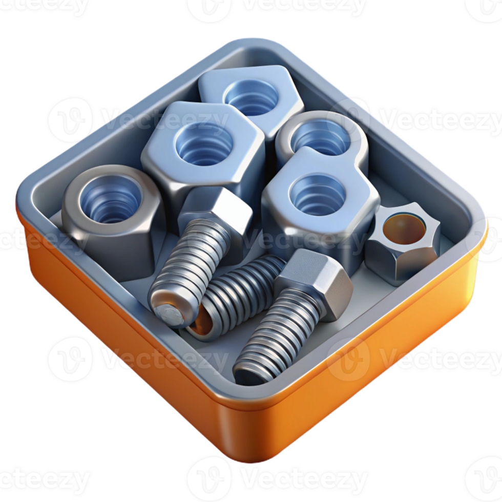 3D Render of Bolts and Nuts in a Tray png