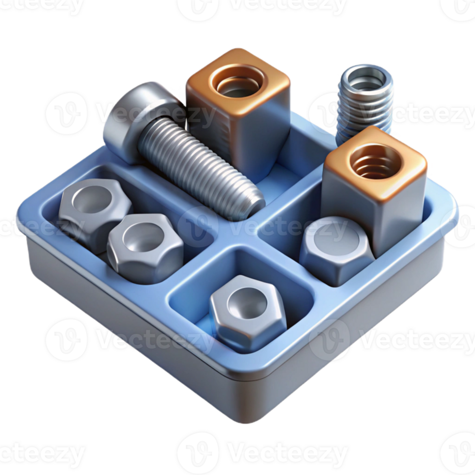 3D Render of Bolts and Nuts in Tray png