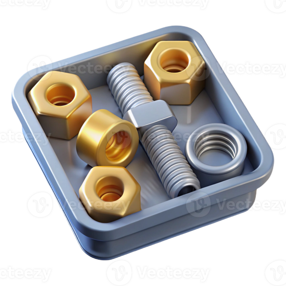 3D Illustration Golden Nuts Bolts in Tray png