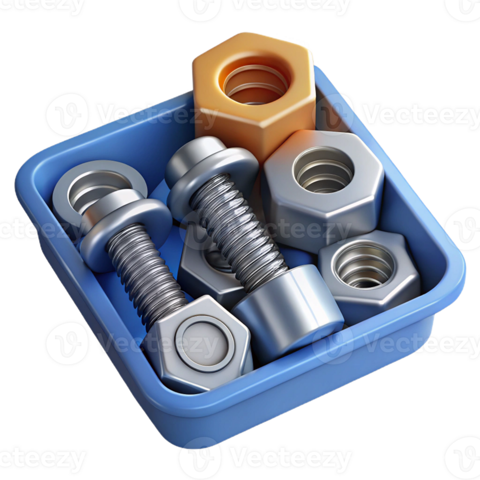 3D Render of Bolts and Nuts in a Tray png