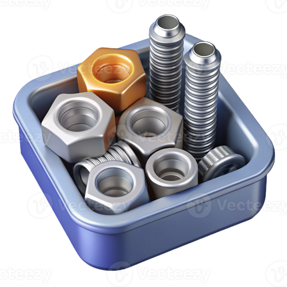 3D Illustration of Nuts and Bolts in a Tray png