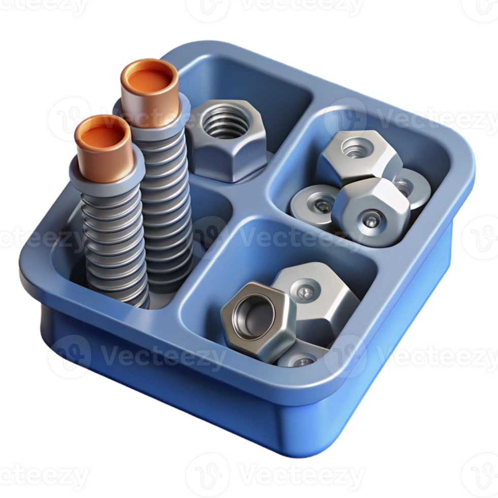3D Illustration of Nuts, Bolts, and Springs in a Tray png