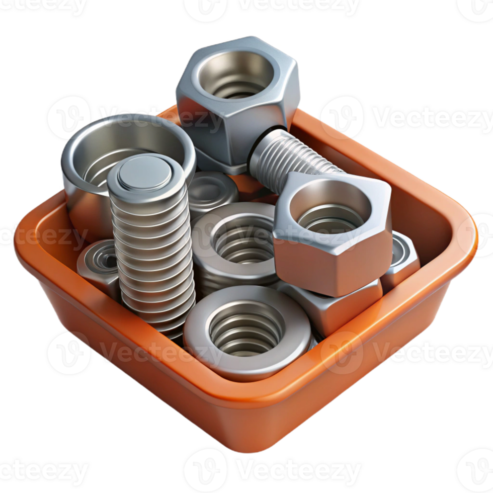 3D Render of Bolts and Nuts in Tray png