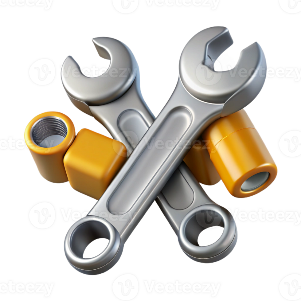 3D Illustration of Crossed Wrenches and Metal Parts png