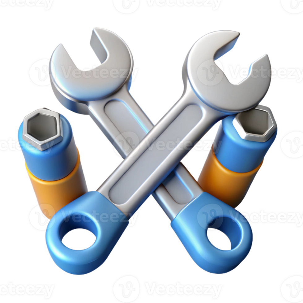 3D Illustration of Crossed Wrenches and Sockets png