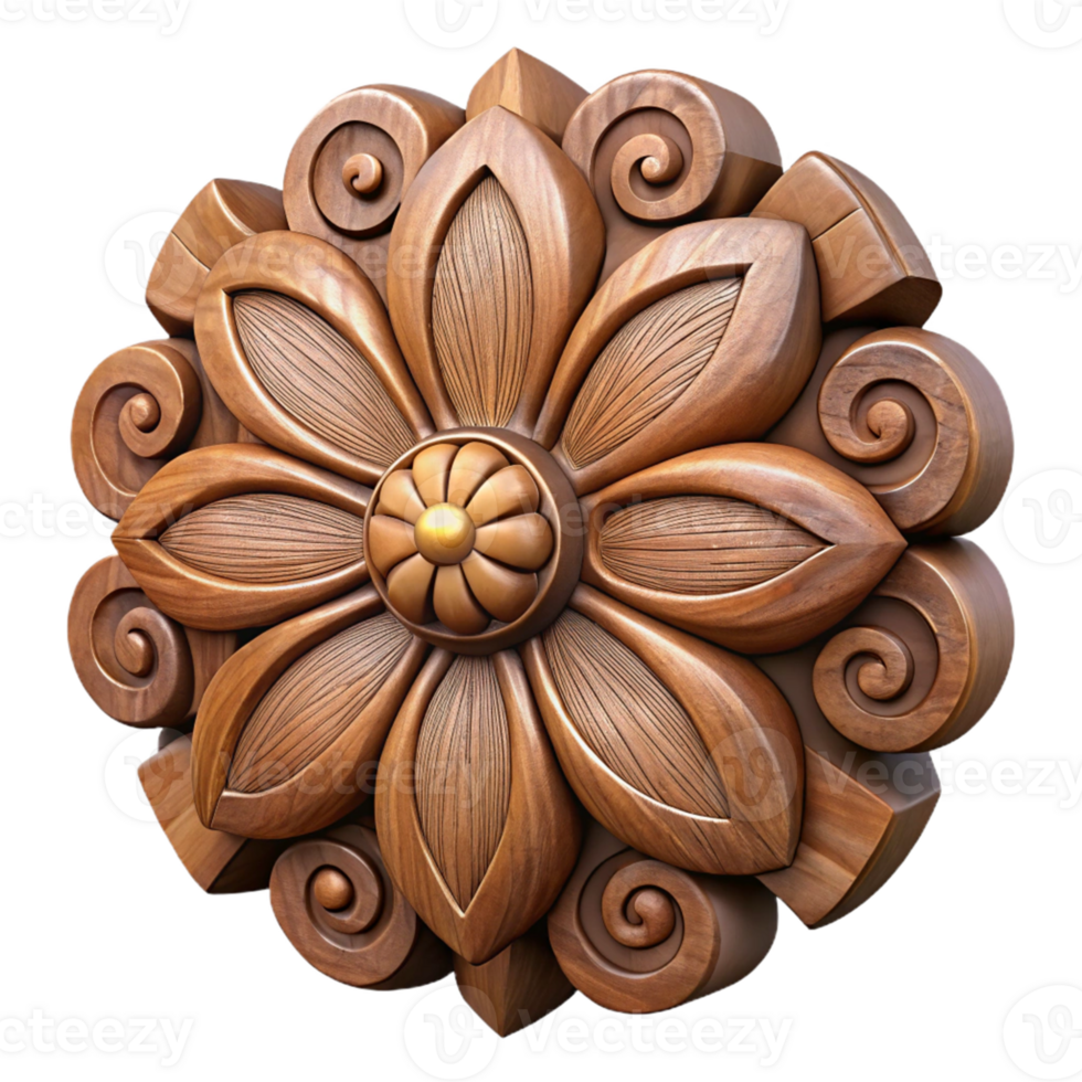 3D Render of Intricate Wooden Flower Ornament png