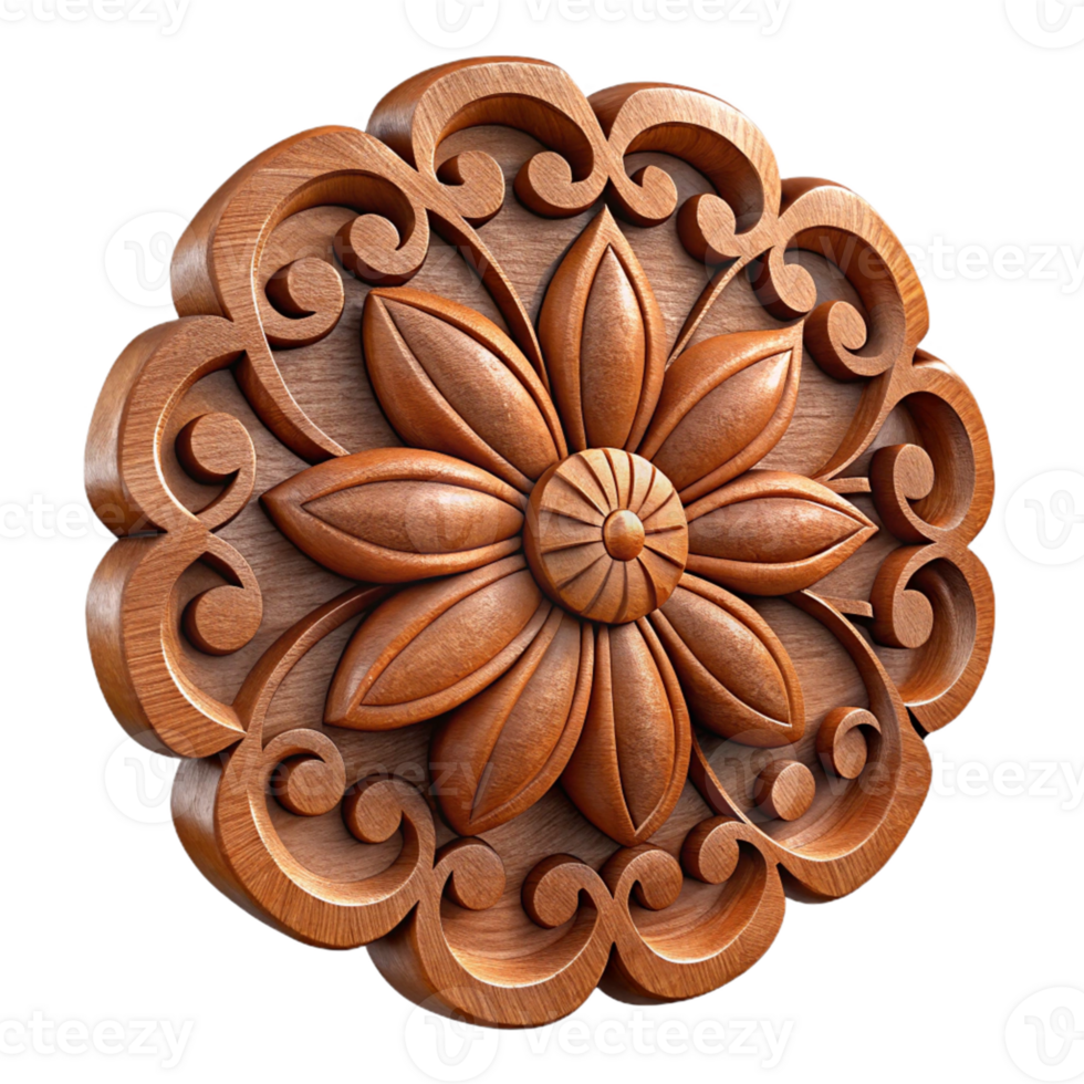 3D Render of Intricate Wooden Flower Carving png