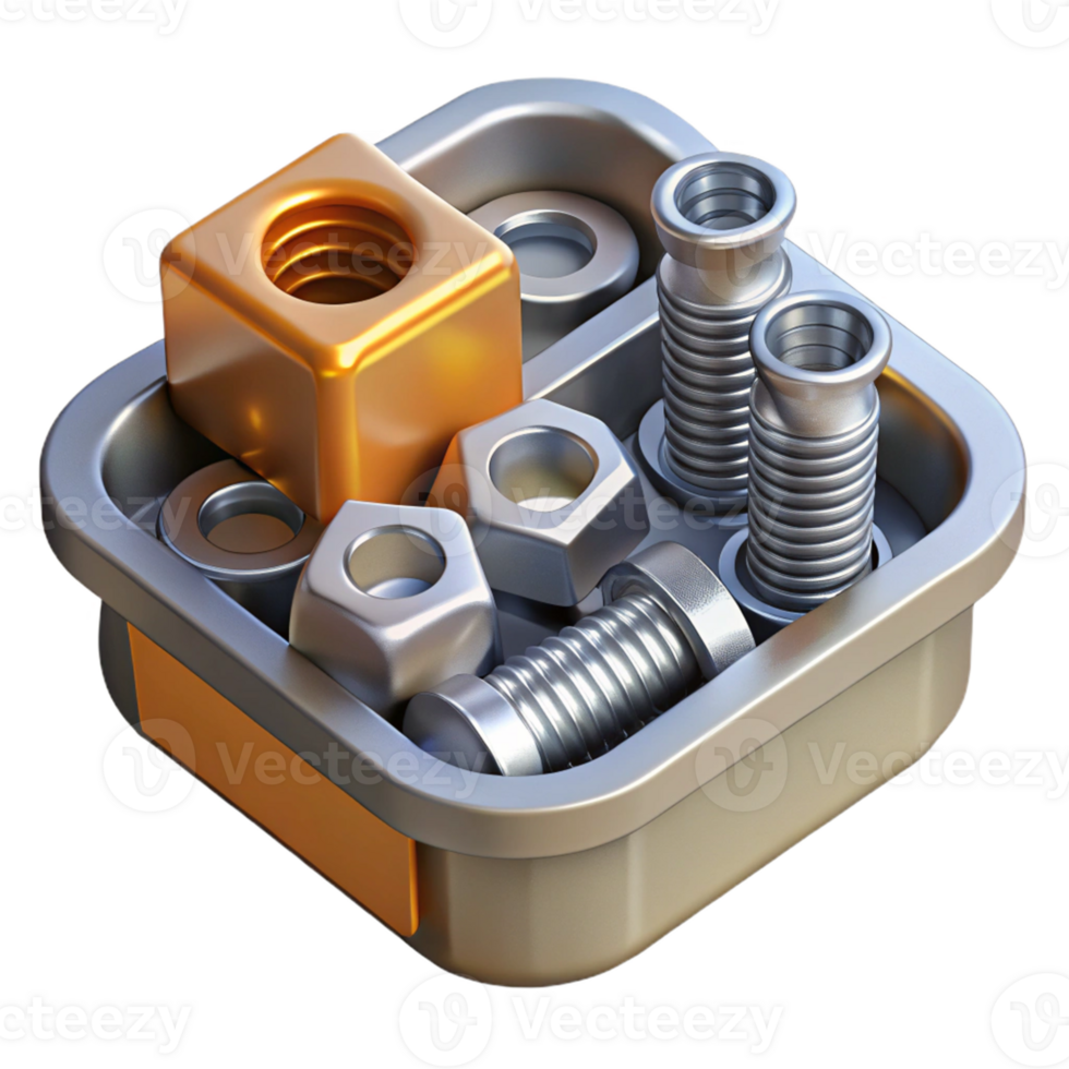 3D Illustration Metal Nuts Bolts Container png