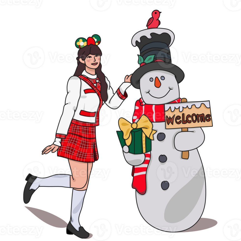 Girls with Snowman on Xmas Night png