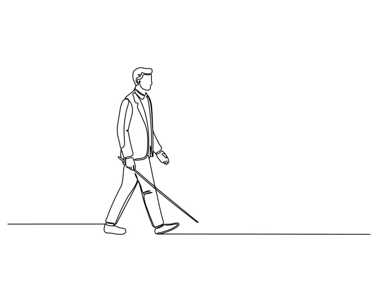 a person walking with a cane, suggesting visual impairment. The simple, continuous line art emphasizes mobility and accessibility for individuals with disabilities vector