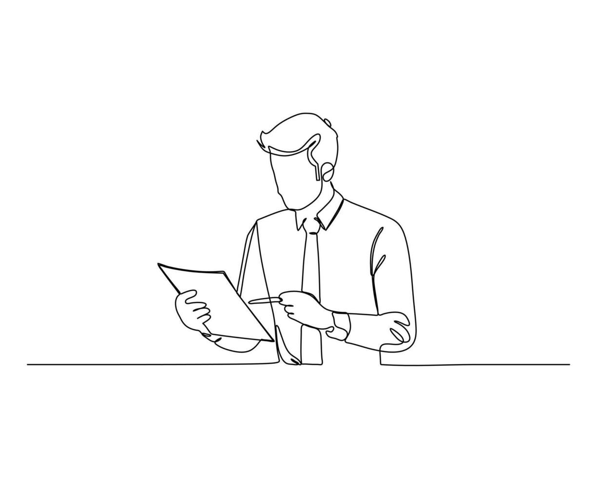 businessman in a long sleeved shirt and tie, sitting at a table, reviewing a document with a pen in hand. Focus and professionalism concept line drawing vector