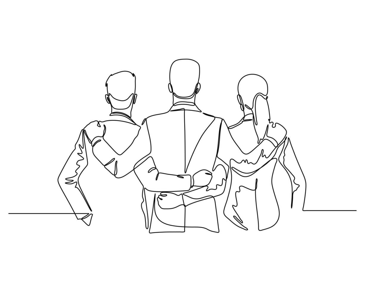 Three business person standing side by side with their arms around each other's shoulders, viewed from behind. A continuous line drawing of business and finance illustration vector