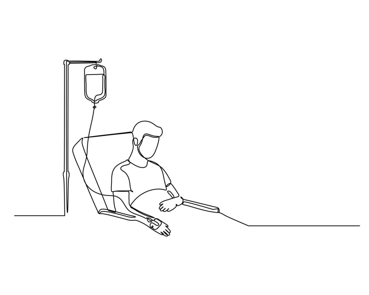a person lying in a hospital bed, receiving an intravenous infusion The IV drip stand is next to the bed, connected to the persons arm Ideal for medical care them vector