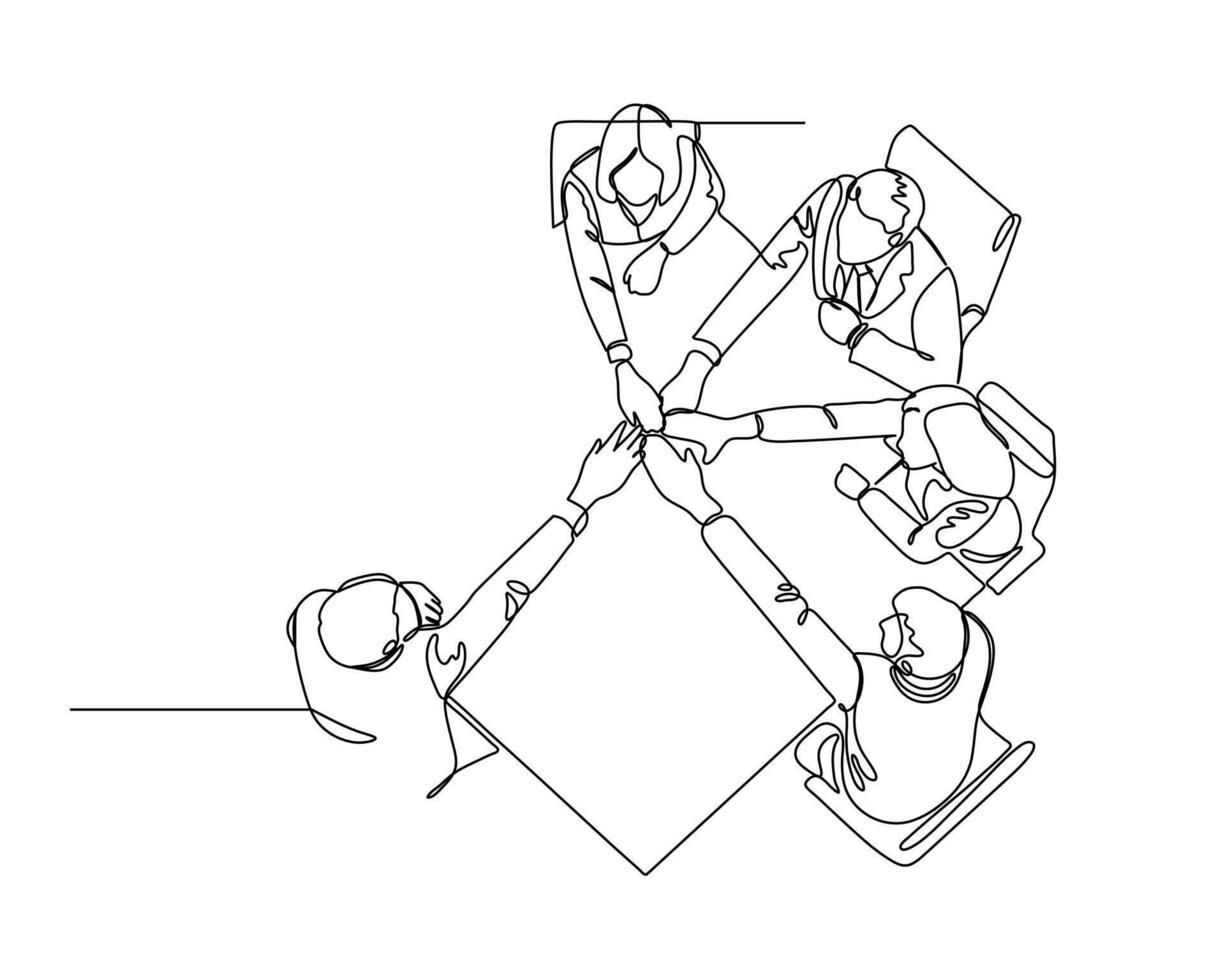 five business people sitting around a table, viewed from above, placing their hands together in the center, symbolizing unity and teamwork. Continuous line drawing illustration in business vector