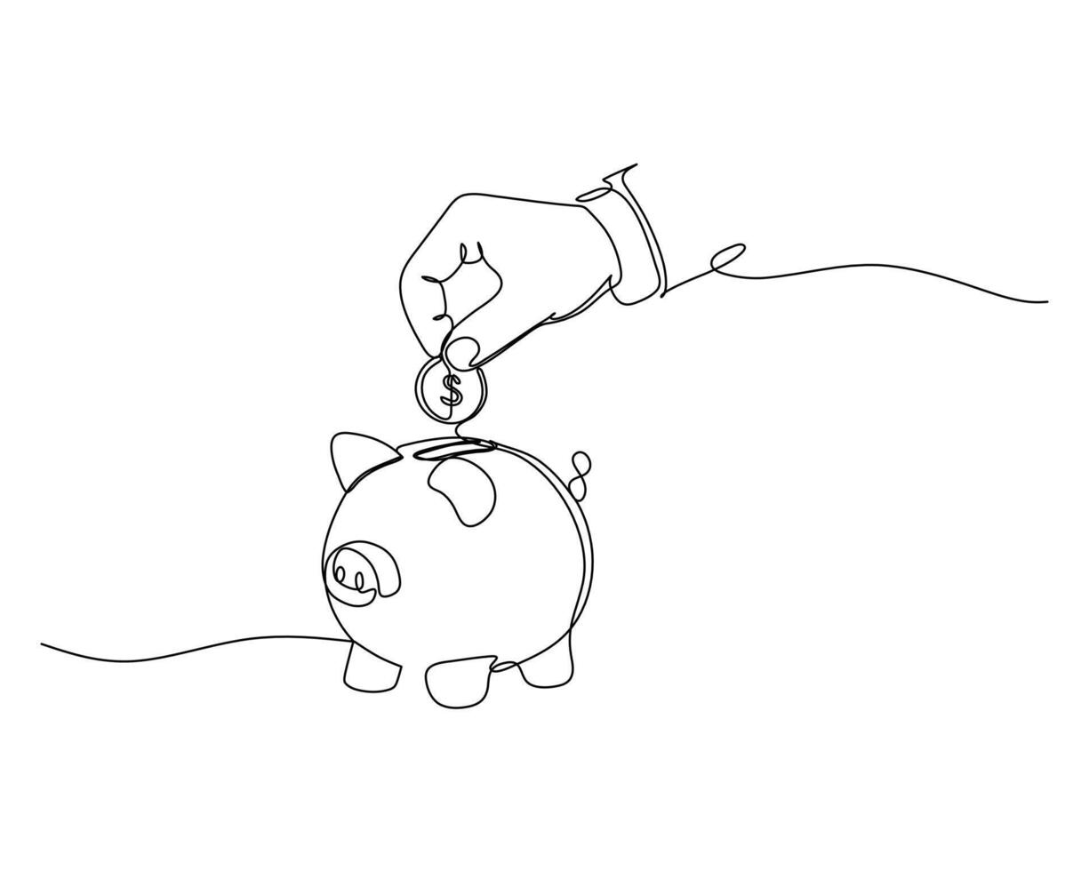 save a coin into a piggy bank, symbolizing saving money and financial planning. A continuous line drawing for business and finance theme illustration vector