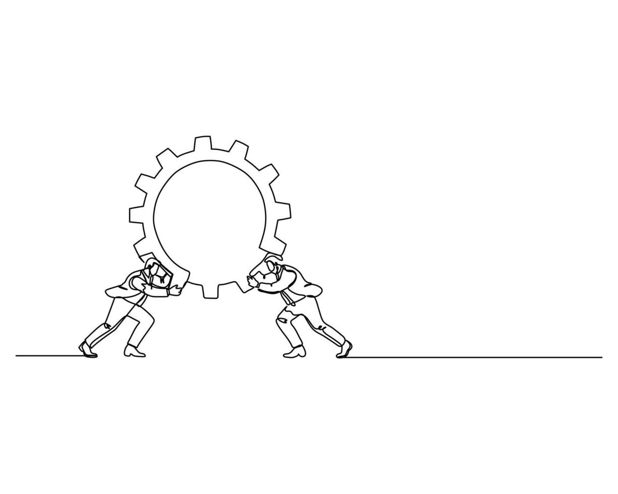 Two figures pushing against a large gear from opposite sides, symbolizing teamwork, collaboration, and coordinated effort in achieving a complex goal. vector